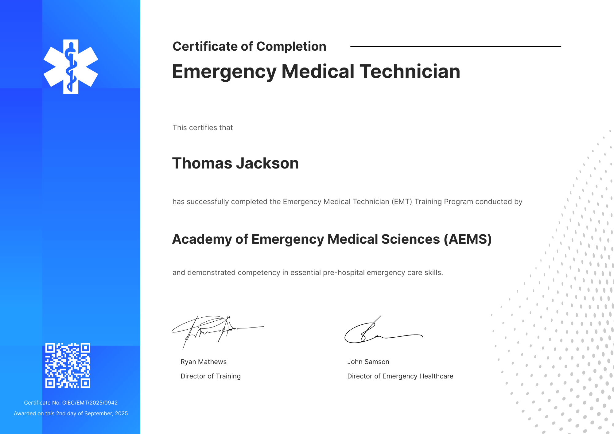 Elegant EMT Certificate Template with Minimalist Professional Layout